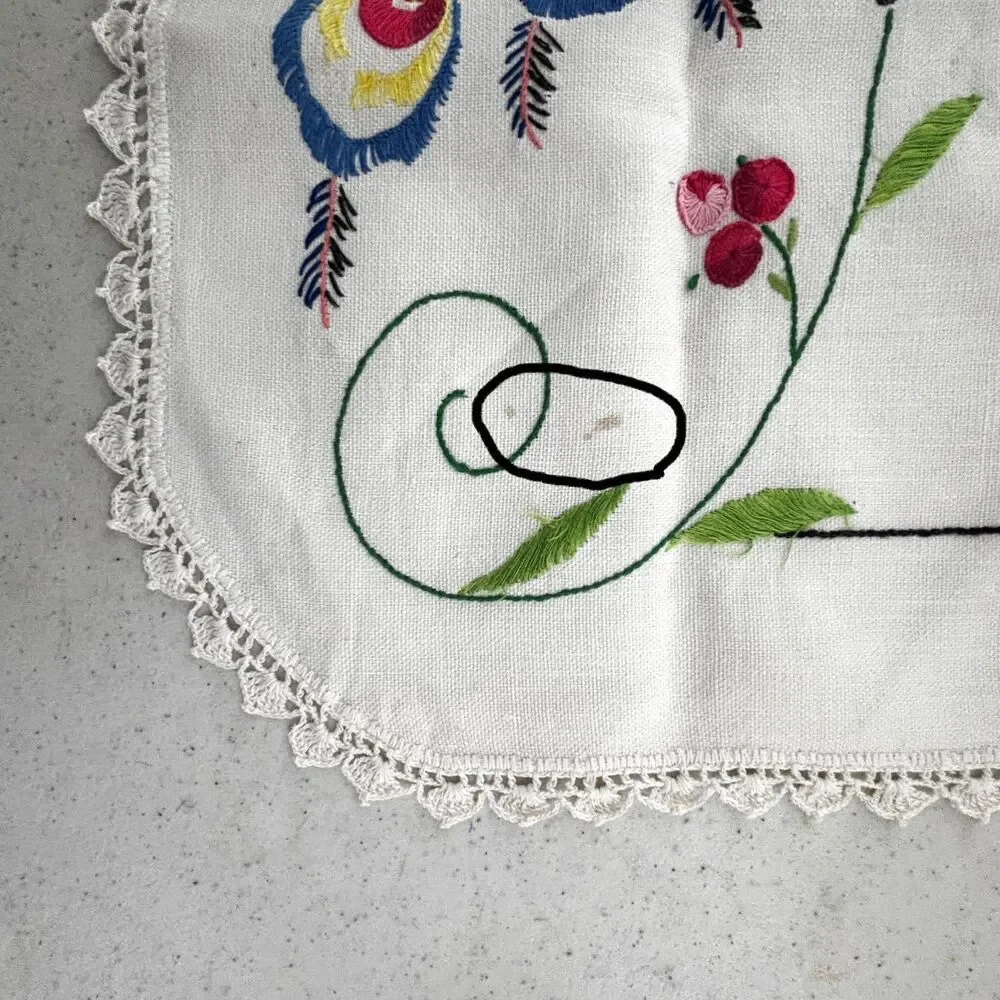 Cottagecore Embroidered Peacock Dresser Scarf Table Runner Vintage 50s Heirloom